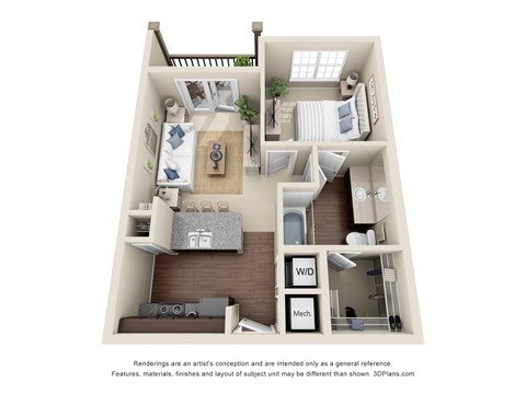 Floor plan for studio, 1 bath, 614 sqft